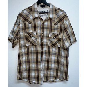 Aeropostale Western Pearl Snap Shirt Mens Size XL Brown Tan Plaid Short Sleeve
